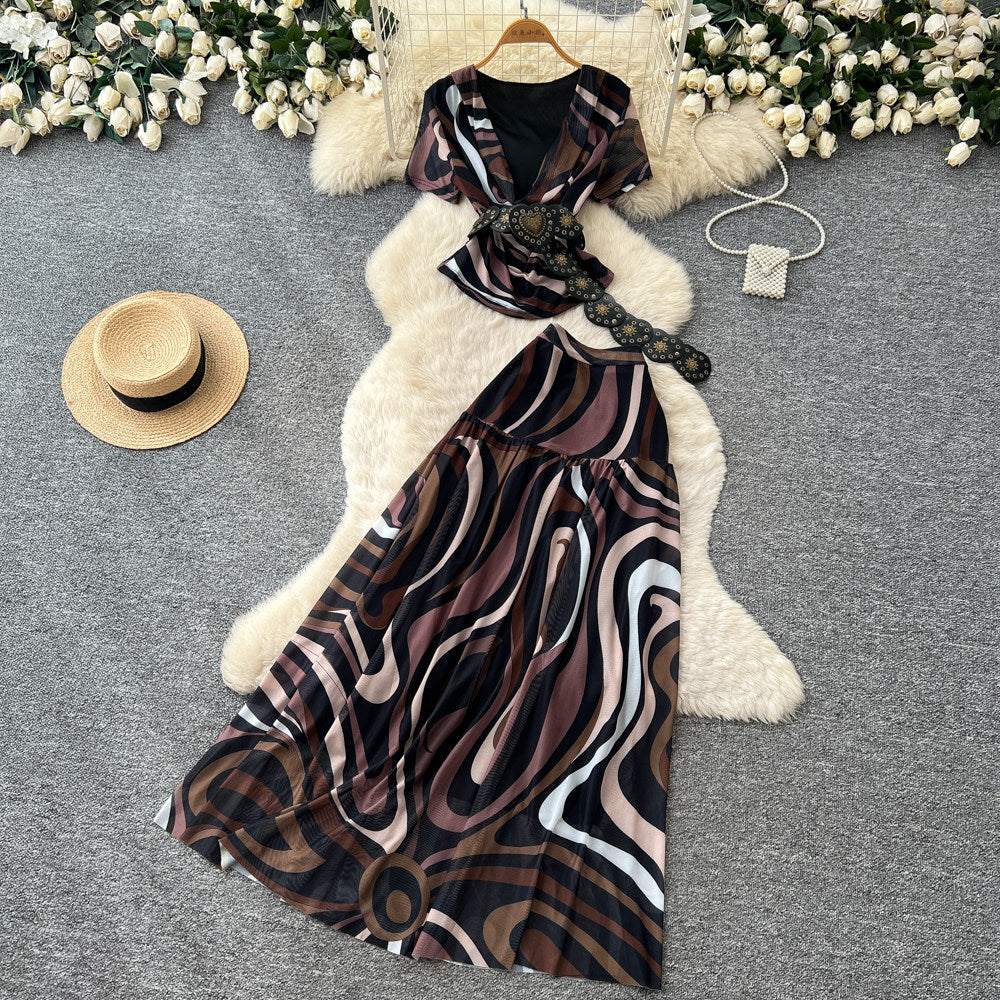 Pure desire wind red printingelegant age reduction two-piece set women's summer slim slimming look vacation style suit outfit