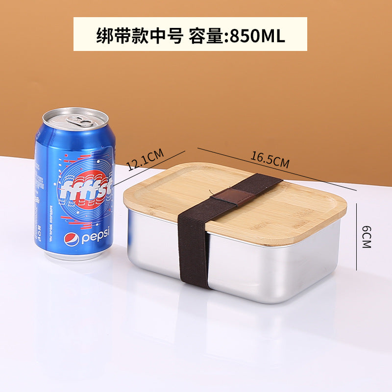 304 stainless steel Japanese fresh-keeping box with bamboo cover storage refrigerator storage rectangular wooden cover lunch box stainless steel box