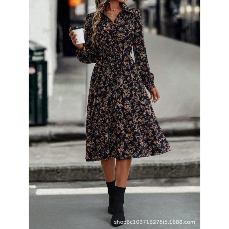 Women's  autumn new arrivals: women's v-neck floral mini dress with long sleeves and a-line asymmetrical placket