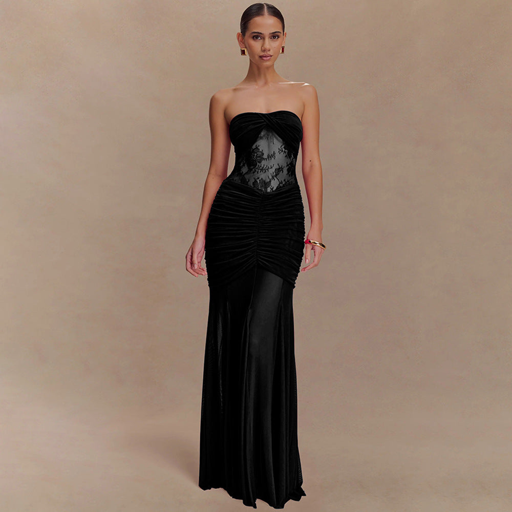 European and american cross-border  summer new sleeveless bandeau maxi dress - sexy, spicy, ruched, cutout, slim-fit women's dress