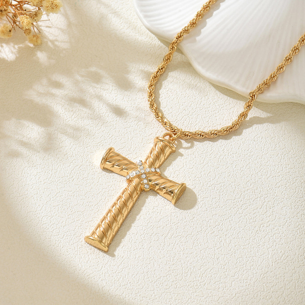 European and american cross-border fashion minimalist ribbed rotating cross necklace, personalized diamond-studded versatile twisted chunky chain choker