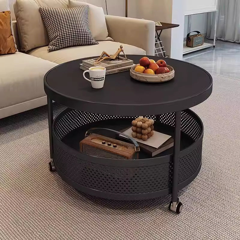 Accessible luxury style round small apartment movable coffee table living room for home slate small round table double-layer storage trolley