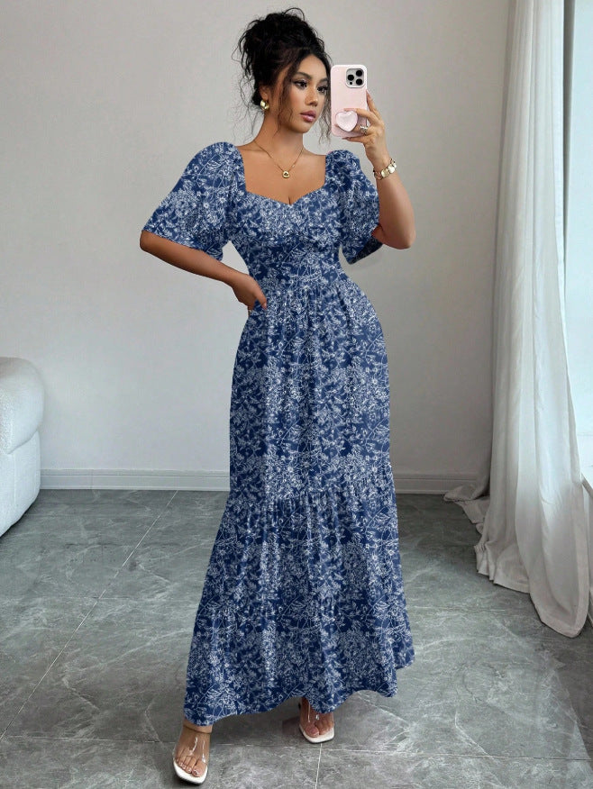 new cross-border bubble sleeve v-neck square neck summer dress
