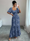 new cross-border bubble sleeve v-neck square neck summer dress