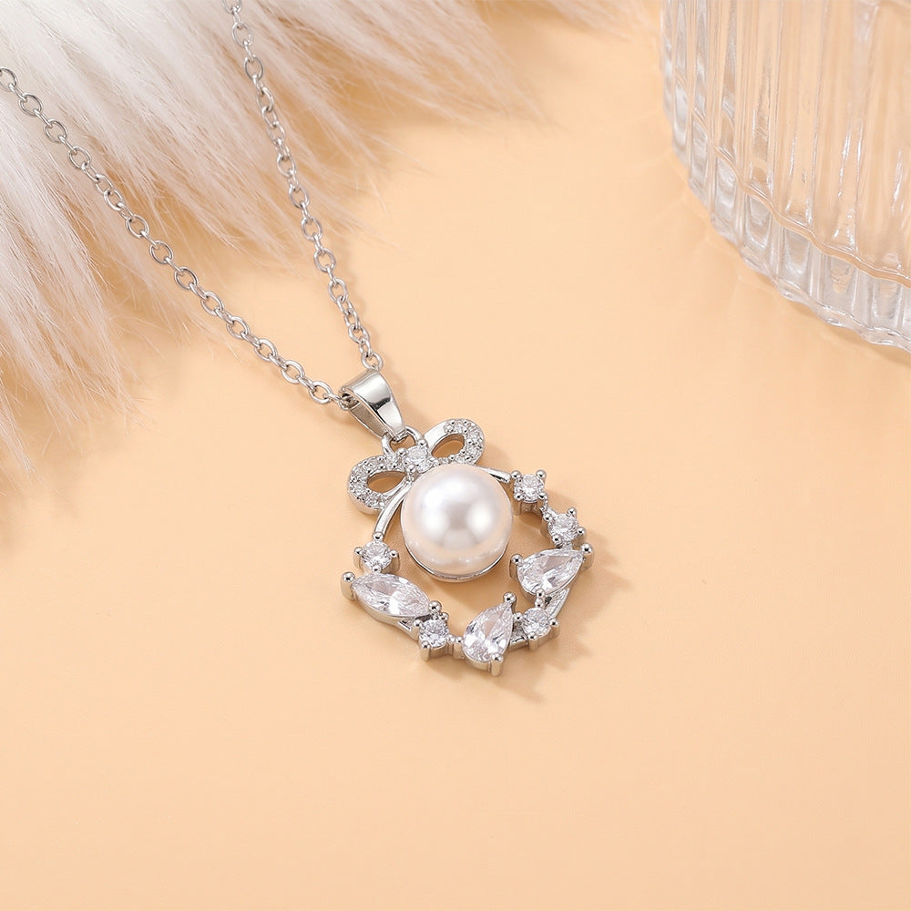 European and american hot-selling fashion zircon pearl necklace for women, lightweight luxury, niche, versatile, elegant, fashionable titanium steel clavicle chain jewelry
