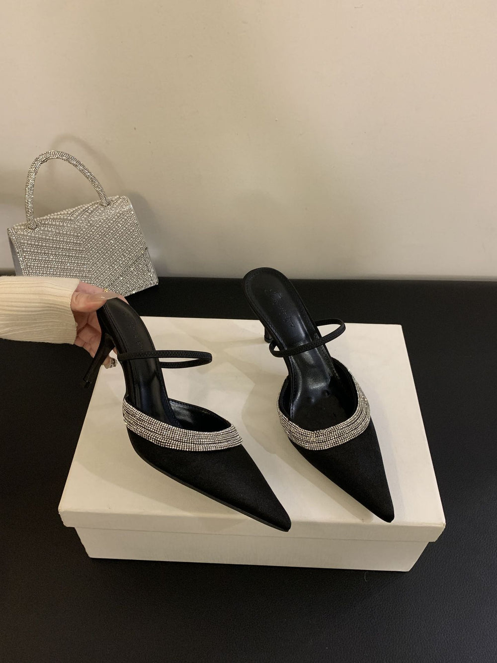 2024 winter new pointed-toe purple stiletto heel rhinestone ankle strap satin mules & slides for women