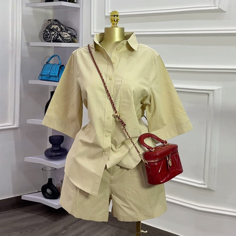 European and american cross-border women's fashion:  autumn new collection - solid color turn-down collar loose-fit short sleeve shirt and wide-leg shorts set