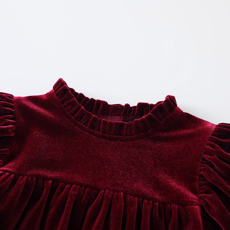 Girls' clothing  new retro autumn collection: burgundy lace long-sleeve princess outfit for girls