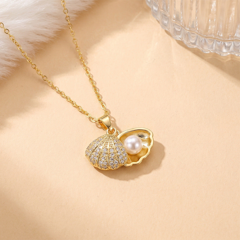 European and american hot-selling fashion zircon pearl necklace for women, lightweight luxury, niche, versatile, elegant, fashionable titanium steel clavicle chain jewelry