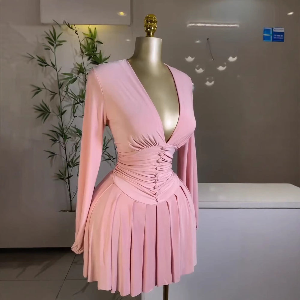 Export women's clothing pleated v necklong sleevesdressfrenchelegant silm waist slimming lookpleated short skirt