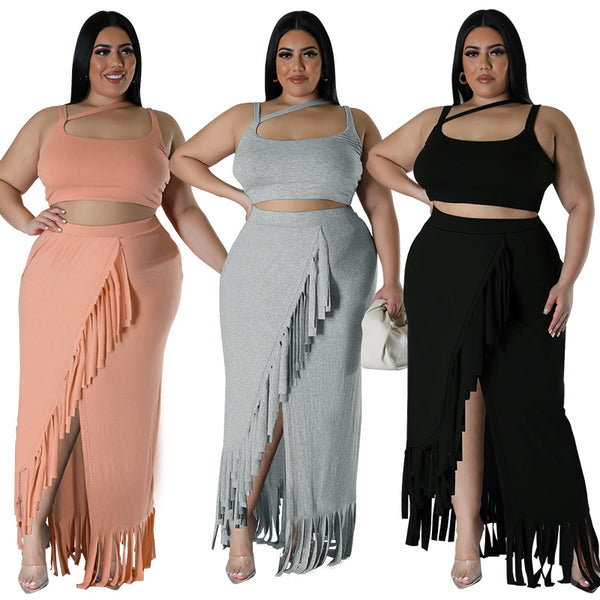 F218388  large-size women's clothing sleeveless tassel irregular long skirt set source factory direct sales