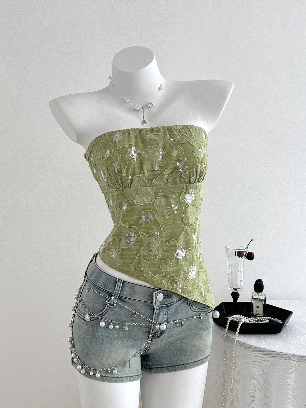 Ready-to-ship 73707#  cross-border fashion summer sheer sequin textured soft & elegant women's bandeau top