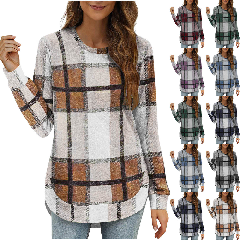 new women's casual loose plaid long sleeve crew neck irregular hem top - perfect for cross-border  sales