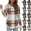 new women's casual loose plaid long sleeve crew neck irregular hem top - perfect for cross-border  sales