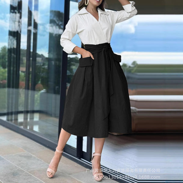 ODL2195 European and American fashion shirt contrasting colors waist large pocket A pendulum dress
