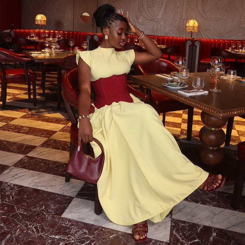 European and American  women's clothing 2025 autumn new temperament semi-turtleneck splicing waist dress medium and long dress