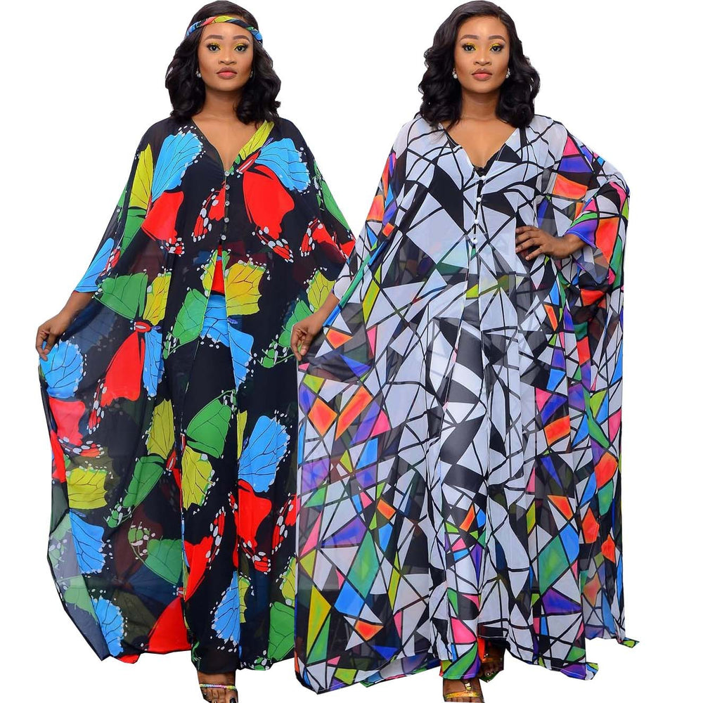 supply: chiffon digital print plus size women's african & european fashion set - robe with loose-fit pants