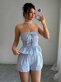summercasual sleeveless stripesruffles strapless tops elastic shorts two-piece setsuitfashion