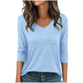 european and american cross-border new arrival: slim-fit, versatile solid color v-neck pocket pullover three-quarter sleeve t-shirt - women's casual top