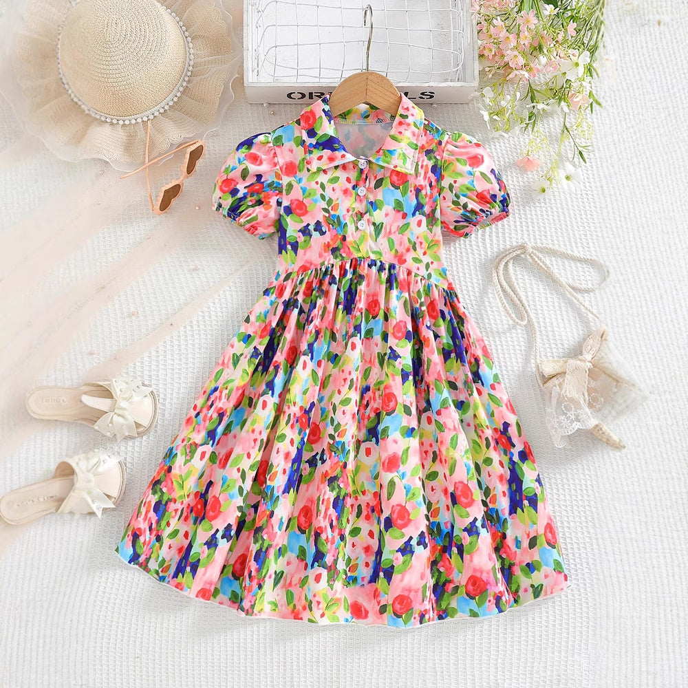 girl floral dresssummer monet oil painting style puff sleeve casual western style kids lapel long skirt