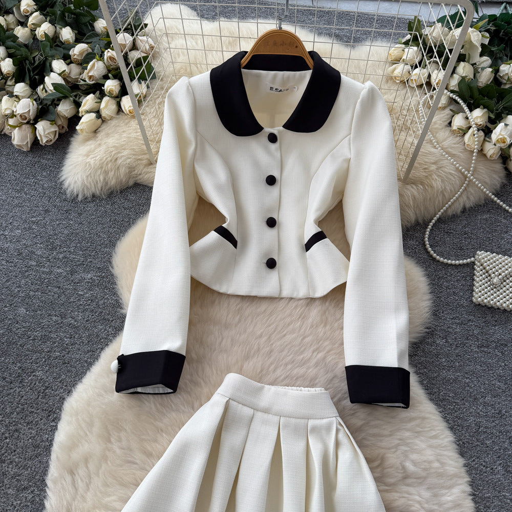 Xiaoxiangfengtwo-piece setfemalefall and winterfrenchfashioncontrast color doll collar long sleevestops+high waist skirt