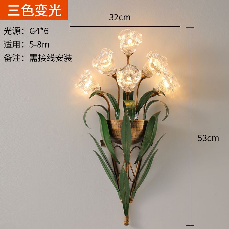French retro wall sconce, american country style creative floral living room background wall, bedroom bedside wall lighting fixture