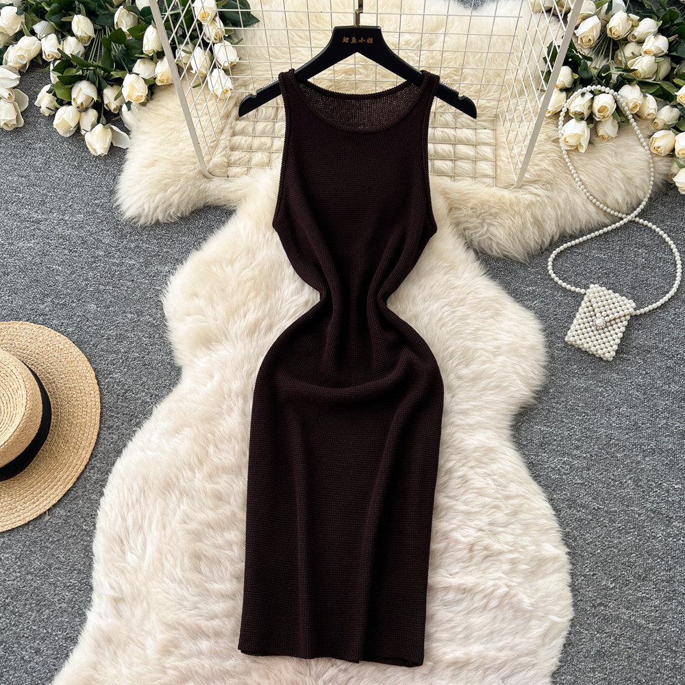 Korean style sleeveless minimalist knit versatile dress - women's summer high-waisted slimming casual a-line dress - light luxury