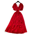 Summer women's niche design criss-cross v-neck flutter sleeve cinched waist chiffon dress - ethereal ruffle maxi dress
