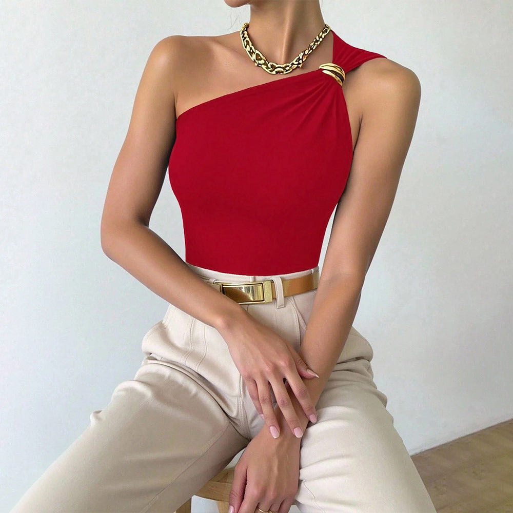 European and american cross-border e-commerce red tank top - summer sleeveless one-shoulder slim-fit metallic detail t-shirt top