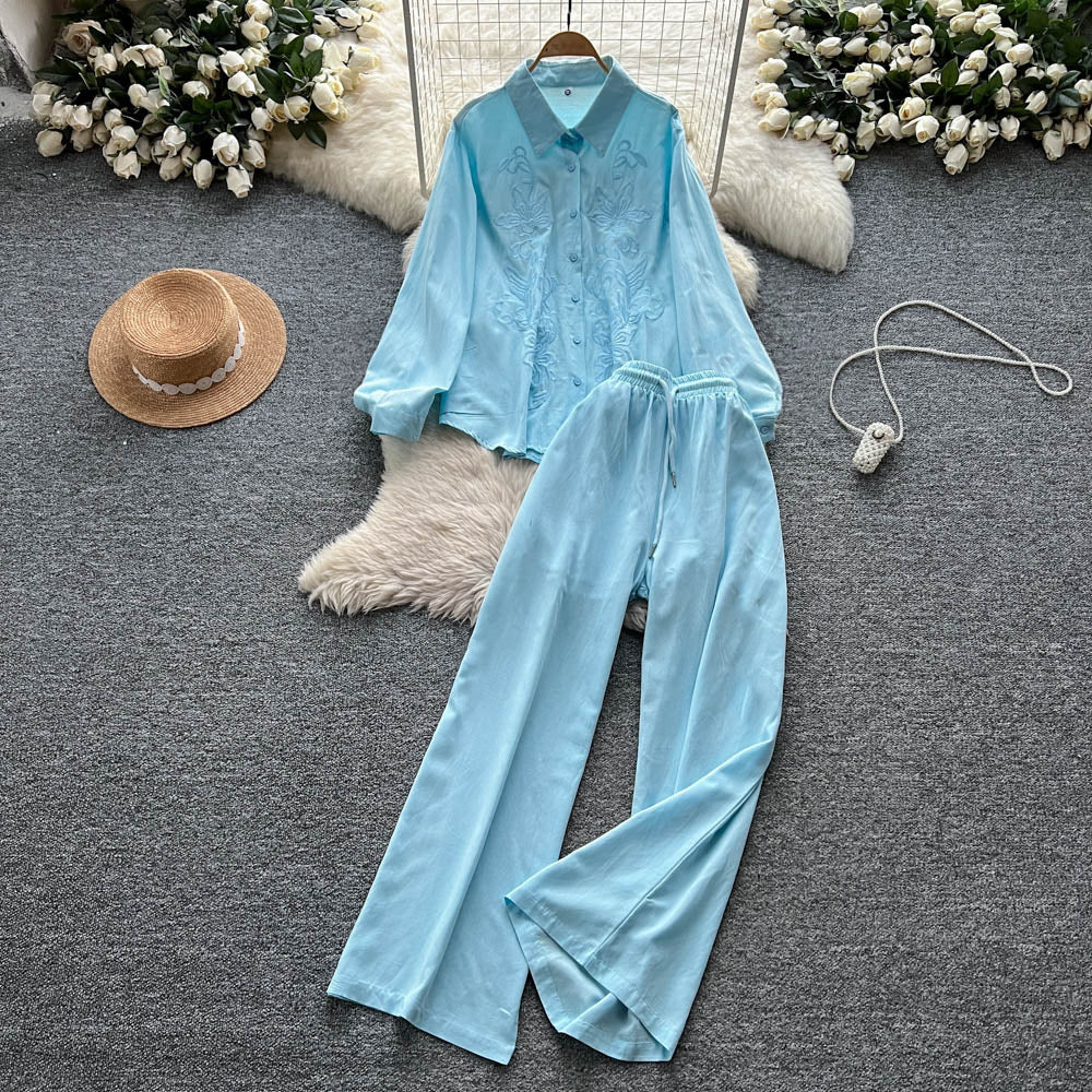 Lazy style casualfashion heavy industry embroiderlooselong sleevesshirt women's high waistslimming lookloose pantsautumsuit