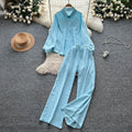 Lazy style casualfashion heavy industry embroiderlooselong sleevesshirt women's high waistslimming lookloose pantsautumsuit