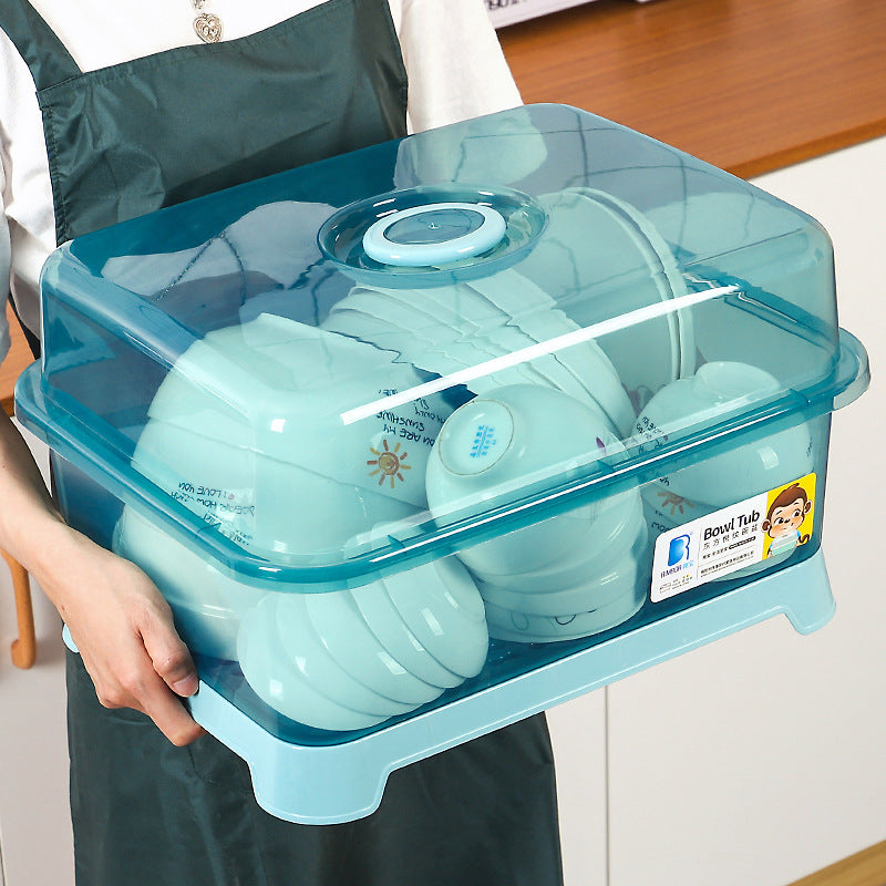 Household Drain Bowl Rack Cupboard Cutlery Kitchen Tableware Storage Box with Lid Japanese Plastic Double Dish Drain Rack