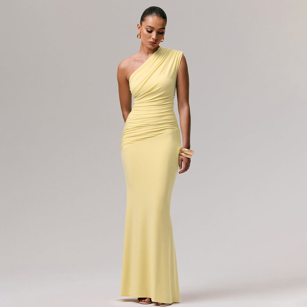 Amazon us & europe women's clothing  summer new fashion solid color elegant one-shoulder sexy slim-fit dress wholesale