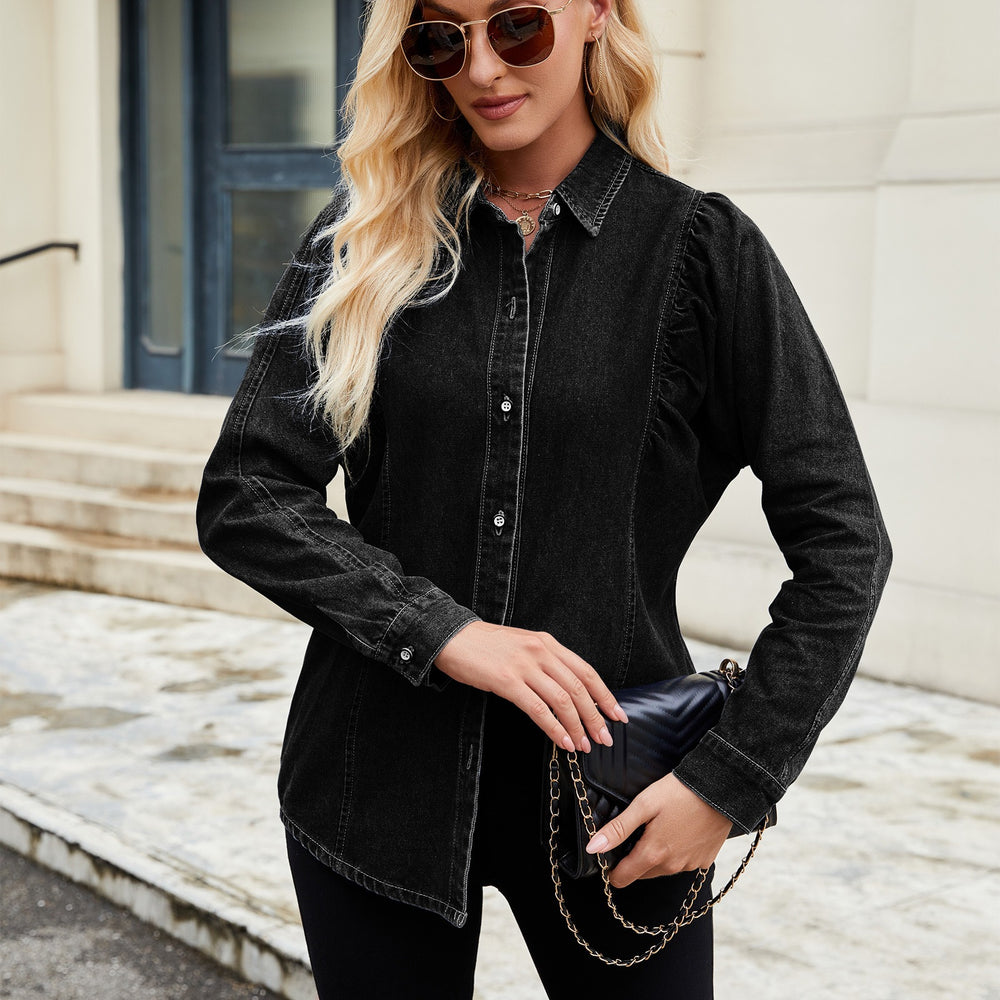 European and american cross-border foreign trade women's spring and summer new  independent station washed shrug denim long-sleeved shirt tops