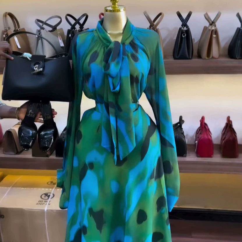 European and american cross-border women's fashion:  summer new arrival - elegant tie-up printed blouse and high-waisted midi skirt set