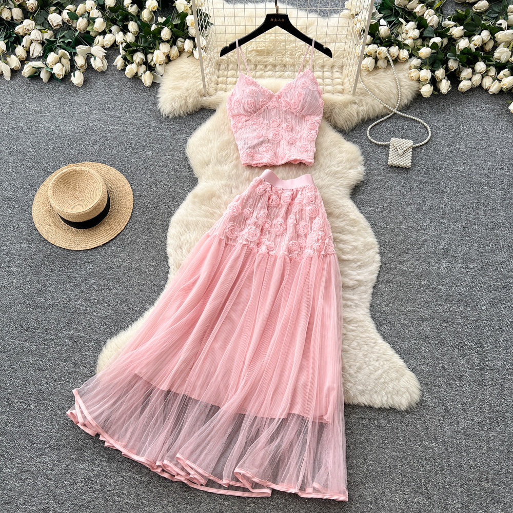 French romantic lace camisole and mesh skirt two-piece set - women's summer slimming chic fashion outfit