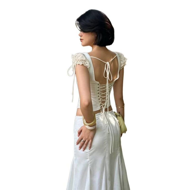 European and american style women's summer  new arrival: v-neck push-up bandeau tie-up bubble sleeve asymmetrical slim-fit t-shirt top