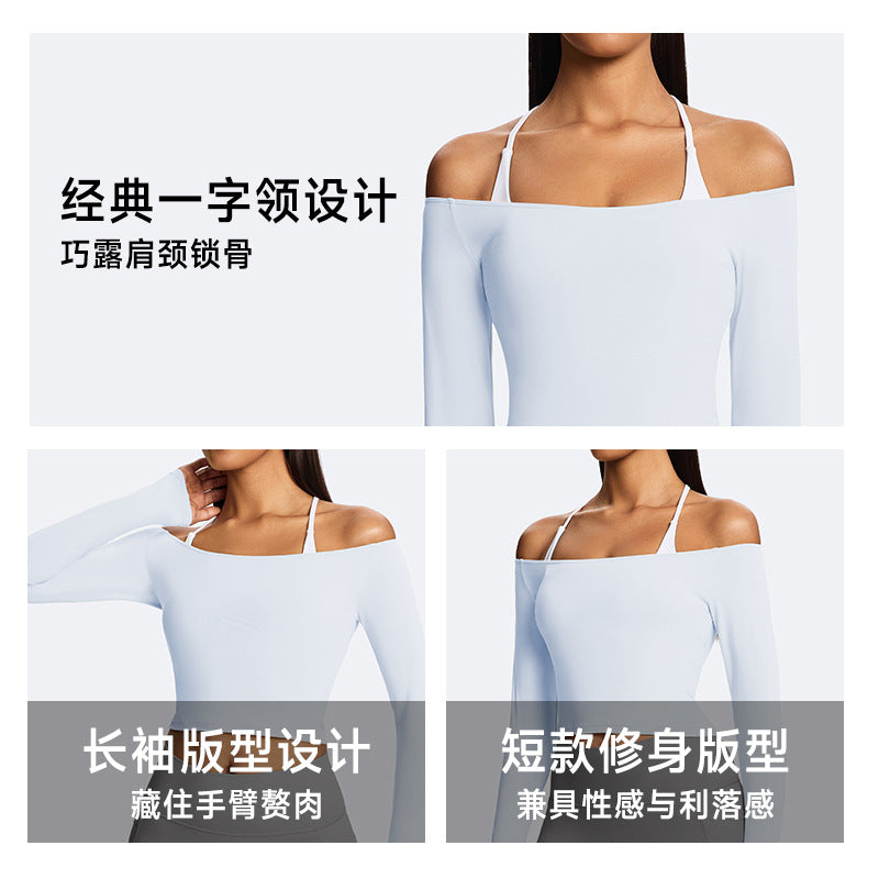 Amazon cross-border new long-sleeve sports t-shirt, one-shoulder fitness top, running pilates sexy yoga wear
