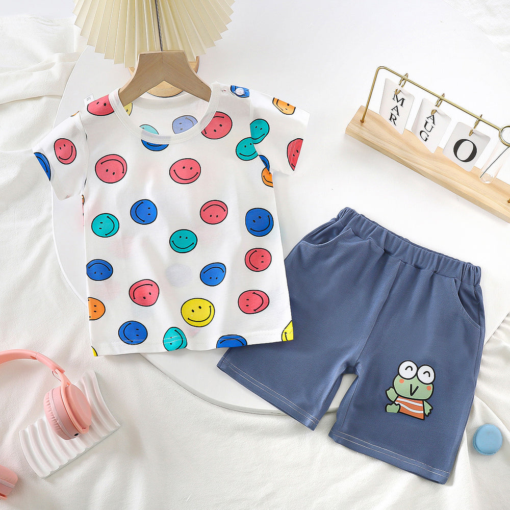 summer kids' short-sleeve set: toddler & children's pure cotton denim casual short-sleeve & shorts two-piece outfit - dropshipping available