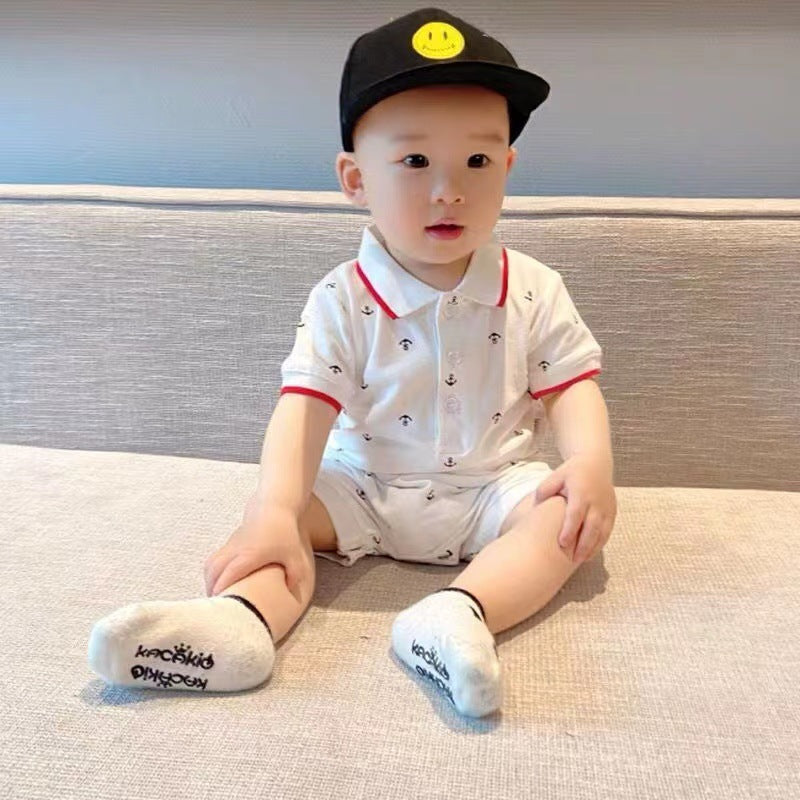 Baby romper, crawling suit, lightweight short-sleeve onesie, korean style summer knitted turn-down collar romper for baby boys