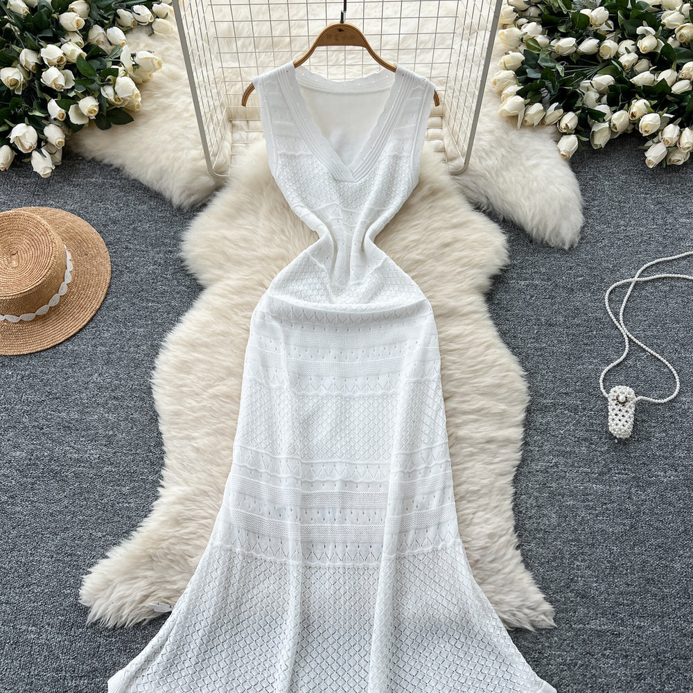 Korean style soft v-neck sleeveless crochet knit dress - women's summer high-end fitted mermaid maxi dress