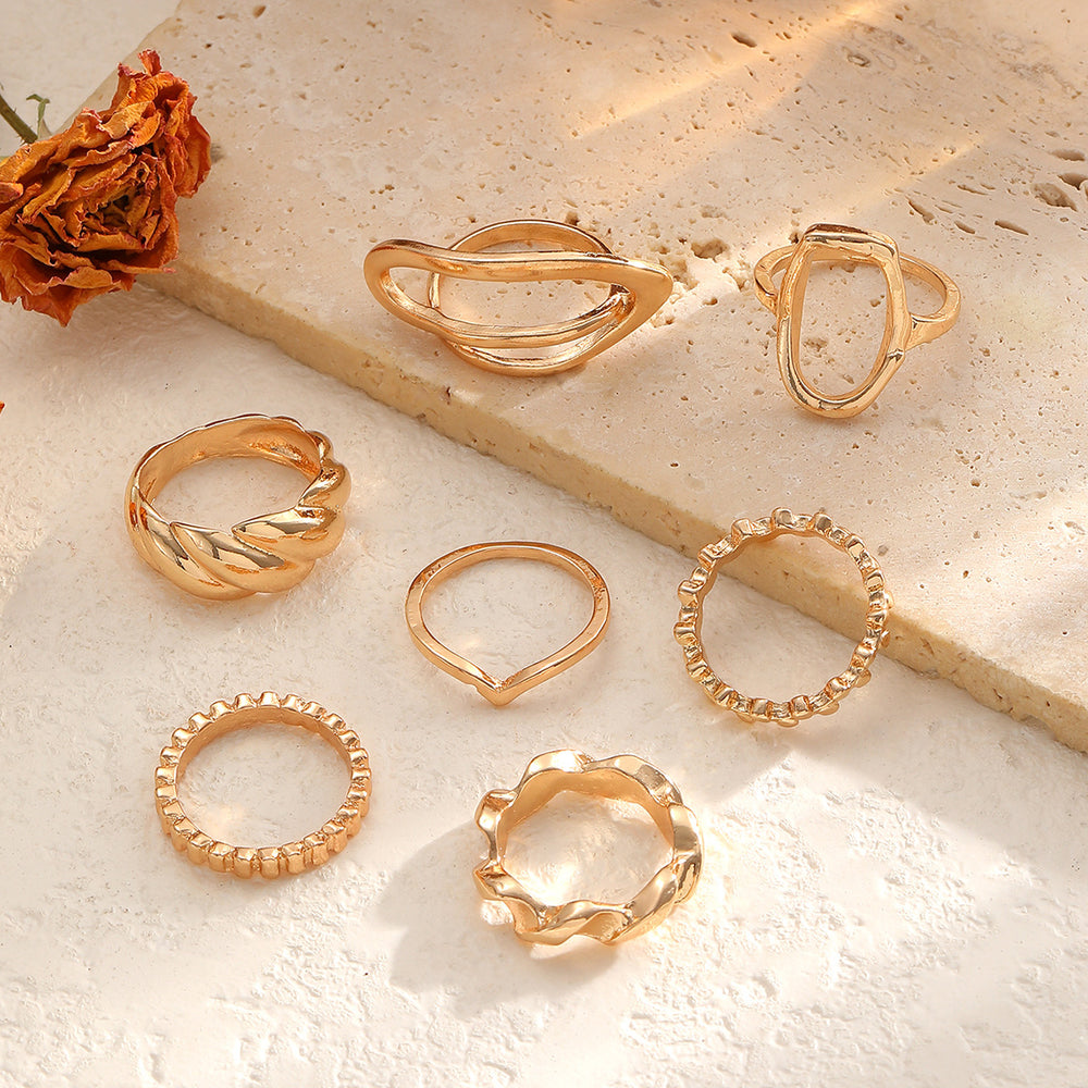 European and american cross-border design irregular metallic shiny ring 7-piece set - unique, versatile, and trendy "instagrammable" finger rings and jewelry for women