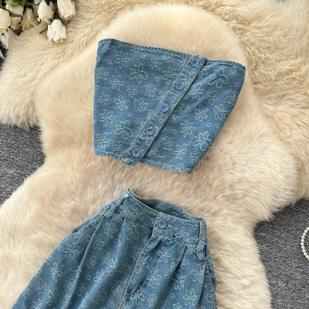 Pure desire style denim suit women's summertwo-piece setprintingtube top vesthigh waistloose pantsslimming lookwork clothing style
