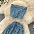 Pure desire style denim suit women's summertwo-piece setprintingtube top vesthigh waistloose pantsslimming lookwork clothing style