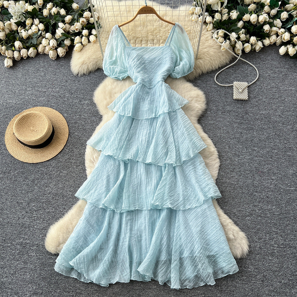 French riviera style puff sleeve square neck dress - women's summer slimming a-line maxi dress with tiered ruffle hem