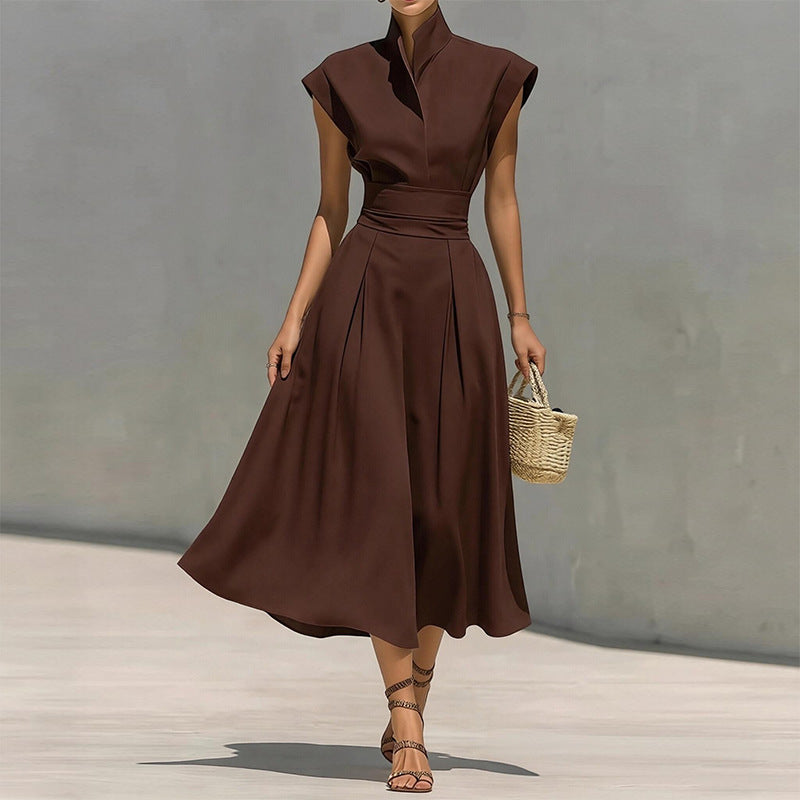 new summer women's clothing: cross-border european and american style dress - fashionable and elegant stand collar solid color flutter sleeve dress