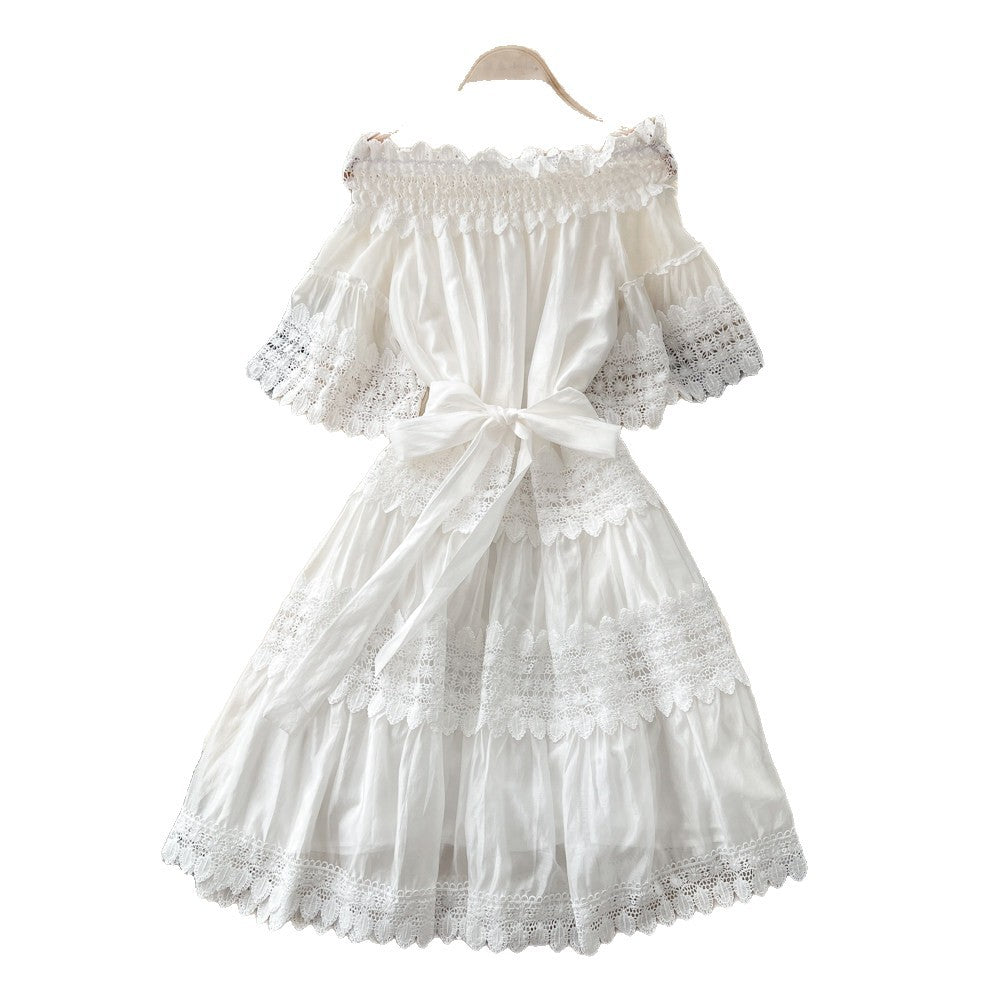 French romantic one-shoulder lace patchwork dress - women's summer short sleeve red slim-fit elegant maxi dress