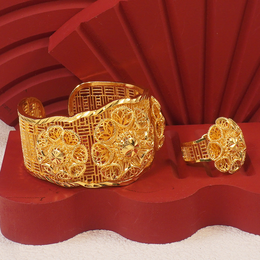 Bracelet and ring set, 24k gold plated luxury floral open bangle, middle eastern dubai style women's everyday accessories