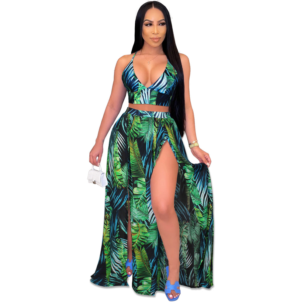 Amazon hot selling summer women's fashion sexy camisole printed swing skirt two-piece beach dress set