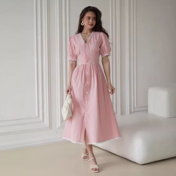 Hepburn style lace high-end dressplus size covers the flesh and covers the crotch, waist slimming look over pink slimming look